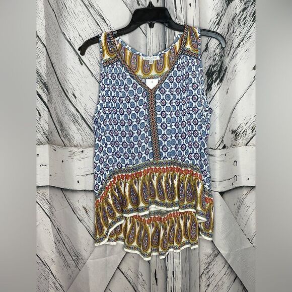 Patrons of Peace Floral Embroidered High Low Ruffle Hem Sleeveless Blouse M - Picture 2 of 7